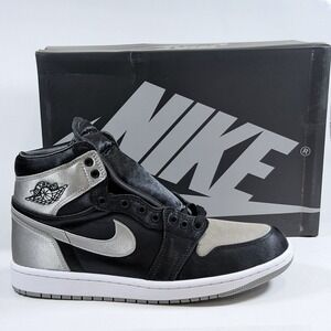 Nike Size-9.5 Womens Air Jordan 1 Retro High OG Shoes Black Silver Satin